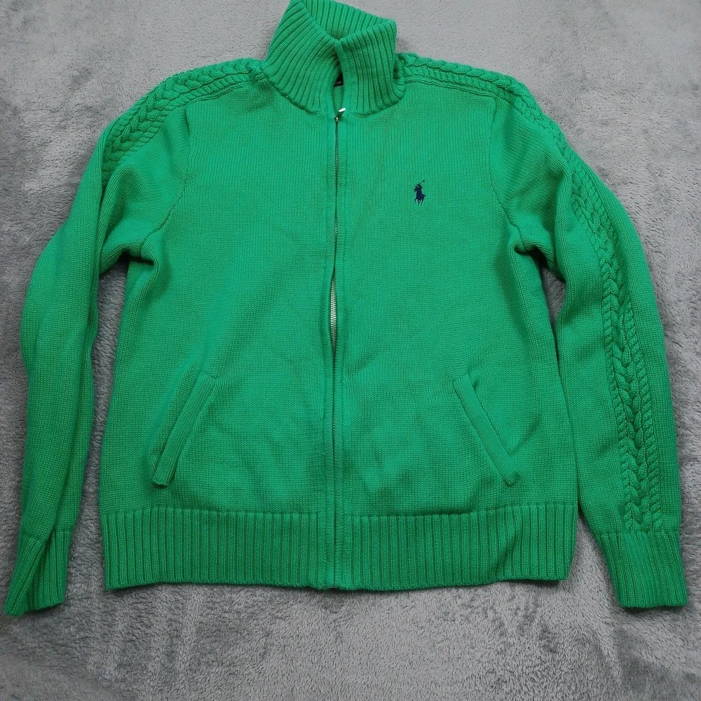 Vintage Ralph Lauren Sport Girls XL Green Full Zip Pockets Knit Preppy Y2K